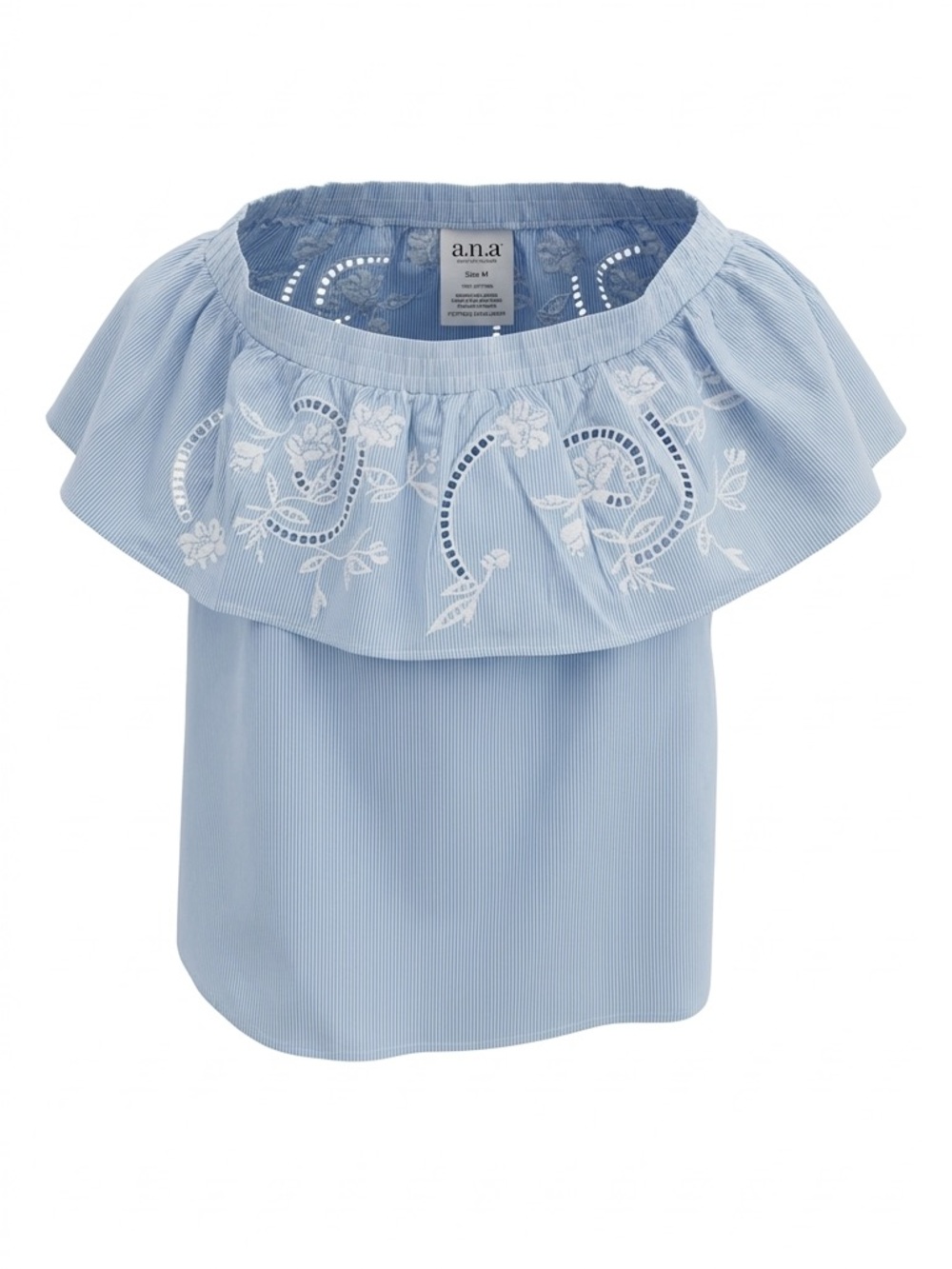 a.n.a Medium Blue Pinstripe Embroidered Off-The-Shoulder Top